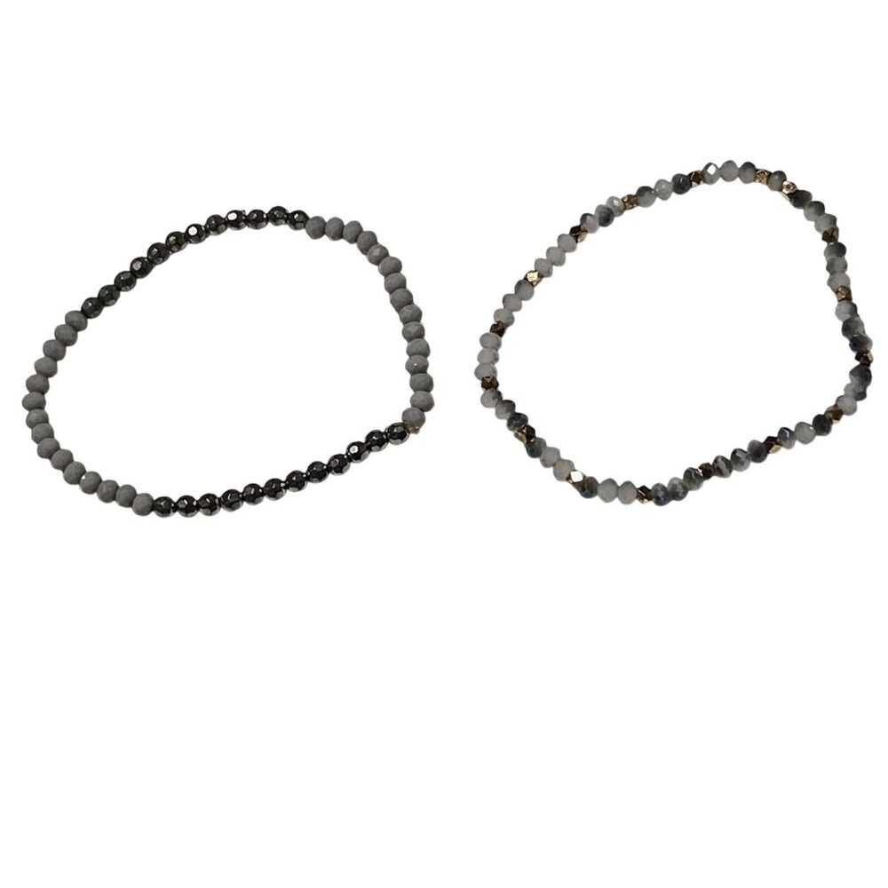 Gray Metallic Beaded Stretch Bracelets Set of 2 Simple Classic Fashion Jewelry